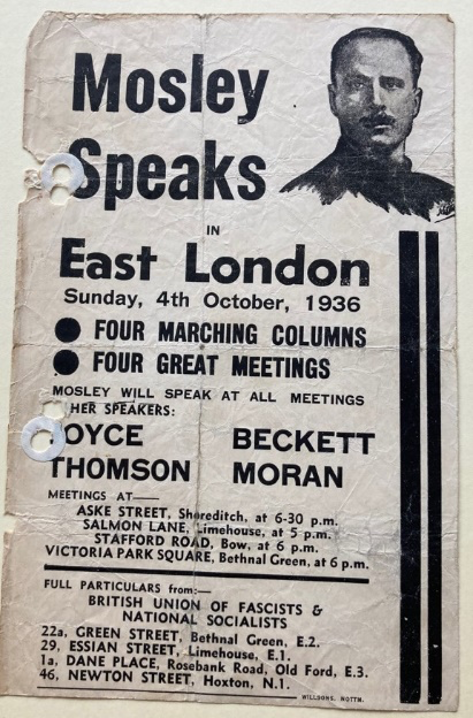 'Mosley Speaks in East London' advertisement with a drawing of Oswald Mosley in the top right corner.