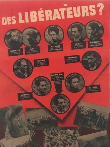 'Des Liberateurs?' poster with headshots and names of ten men on it.